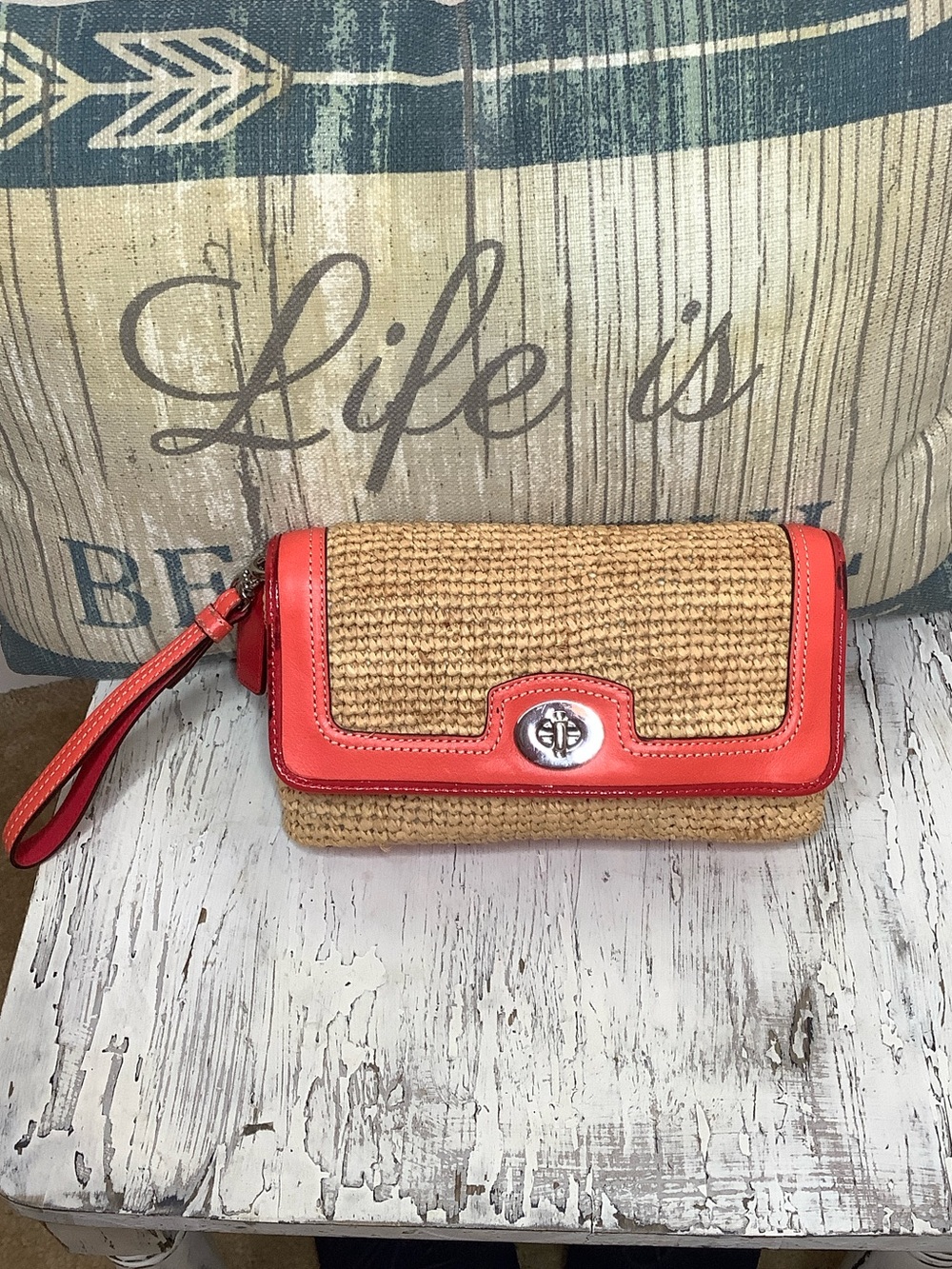 Coach Raffia Woven Straw Wristlet with Coral and Red Trim